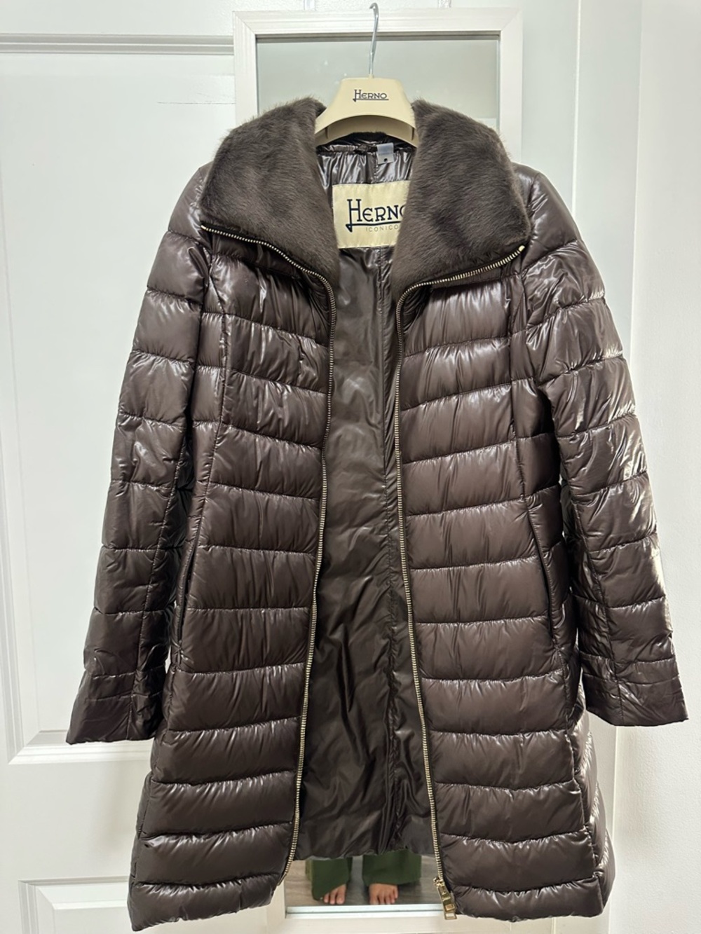 Herno Women's Chocolate Brown Quilted Down Coat with Fur Collar